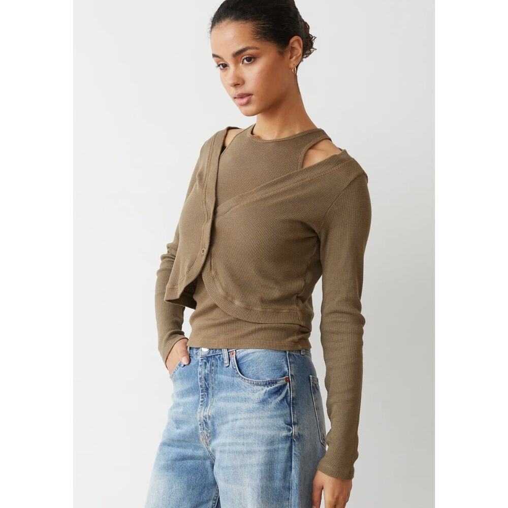 Monrow Baby Thermal Double Layer Cardi Top in Stone Green - Picture 4 of 11